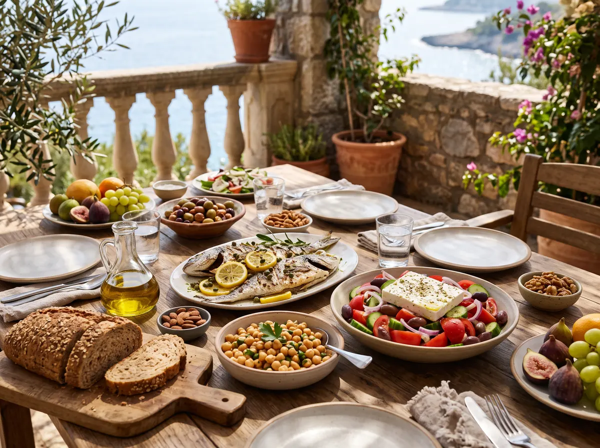 Masada zeytinyağlı sebze yemeği, nohut salatası, ızgara balık, bir kâse ceviz ve küçük bir şişe zeytinyağı