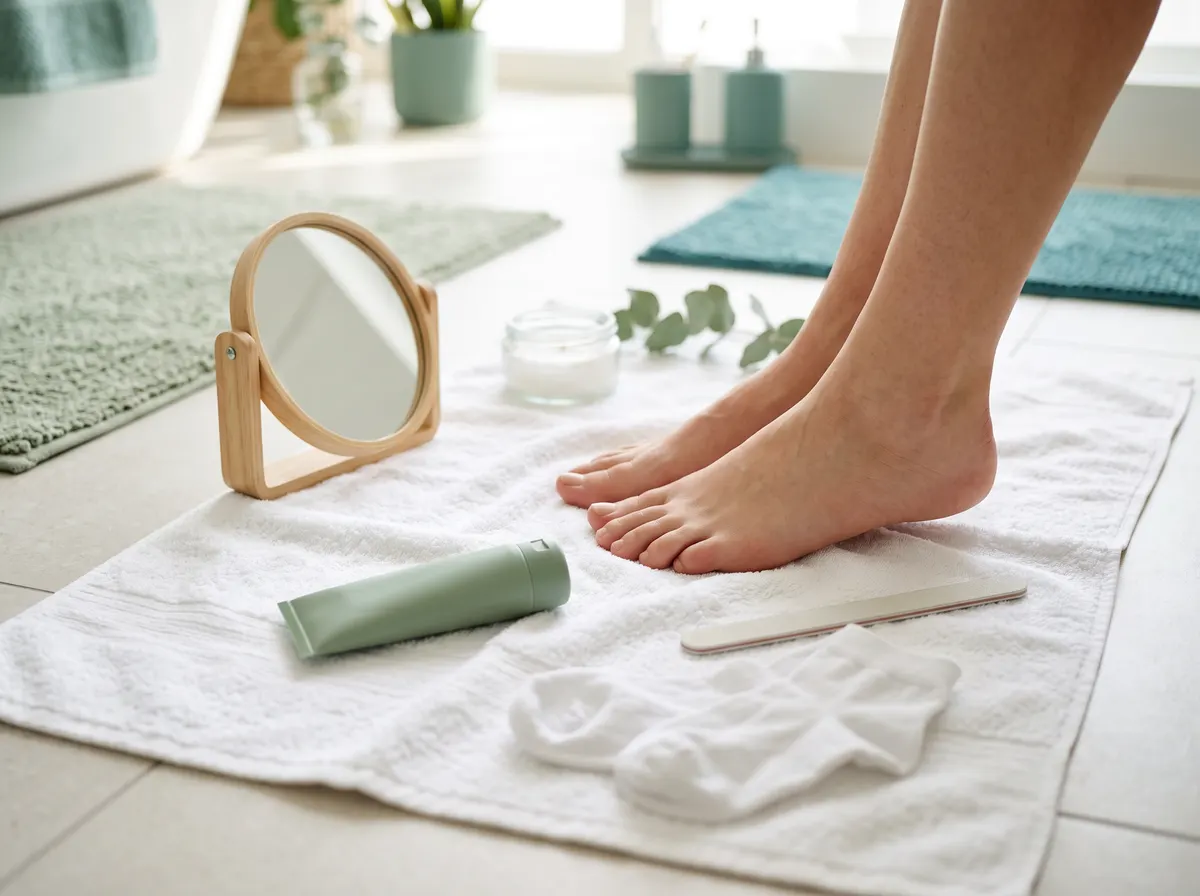 Banyo zemininde katlanmış havlu üzerinde pamuklu çorap, küçük bir el aynası ve nemlendirici krem tüpü