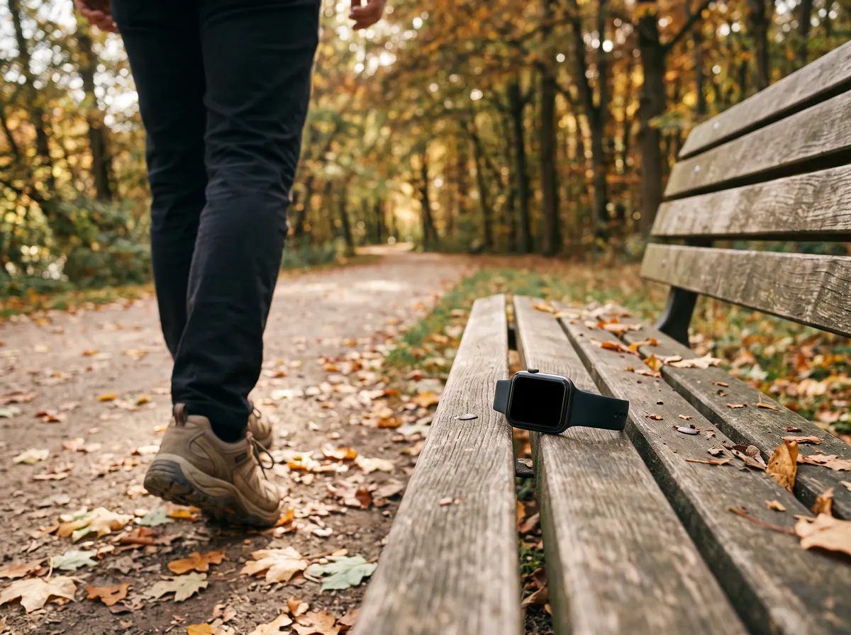Sonbahar yapraklarıyla kaplı bir park yolunda yürüyüş ayakkabıları ve yanında ekranında adım sayısı görünen bir akıllı saat