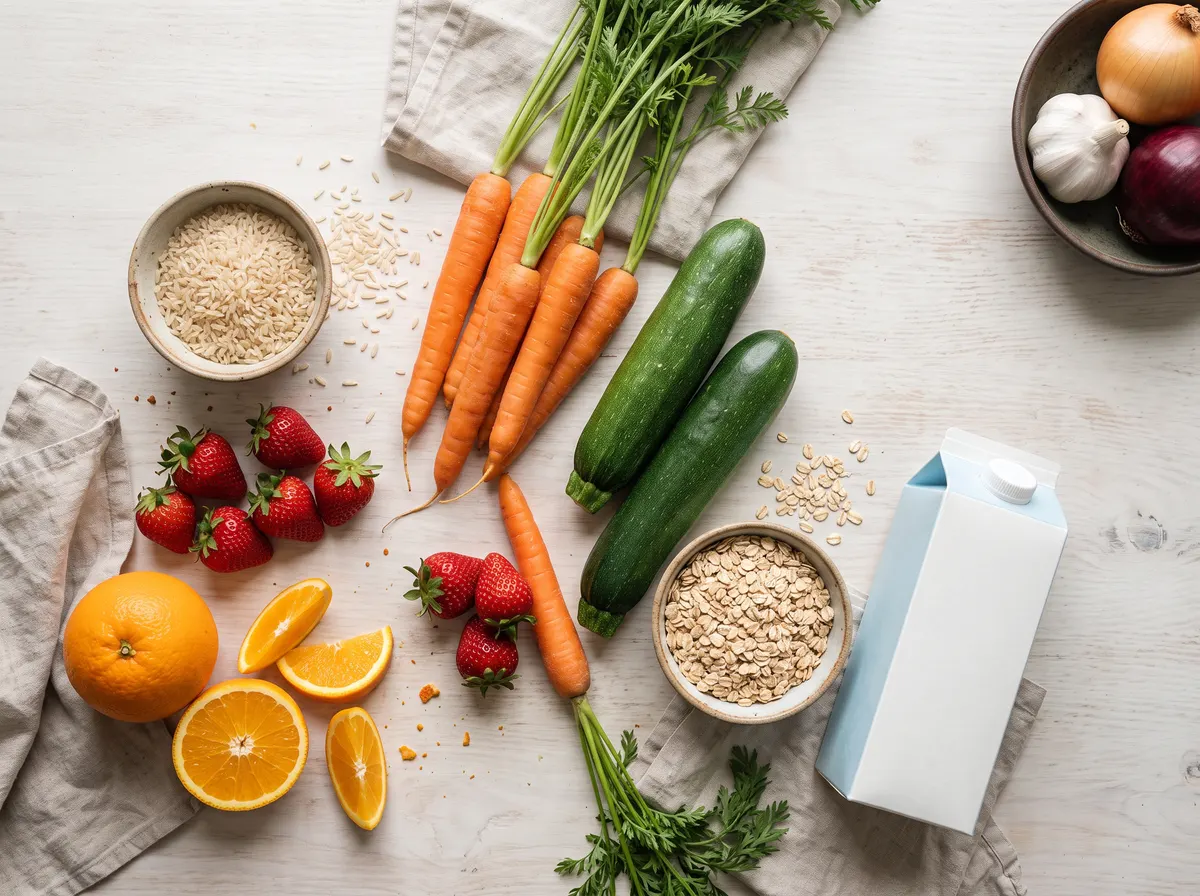 Mutfak tezgâhında havuç, salatalık, pirinç, çilek ve yulaf gibi düşük FODMAP besinlerin yanında not defteri ve kalemle hazırlanmış yemek planı